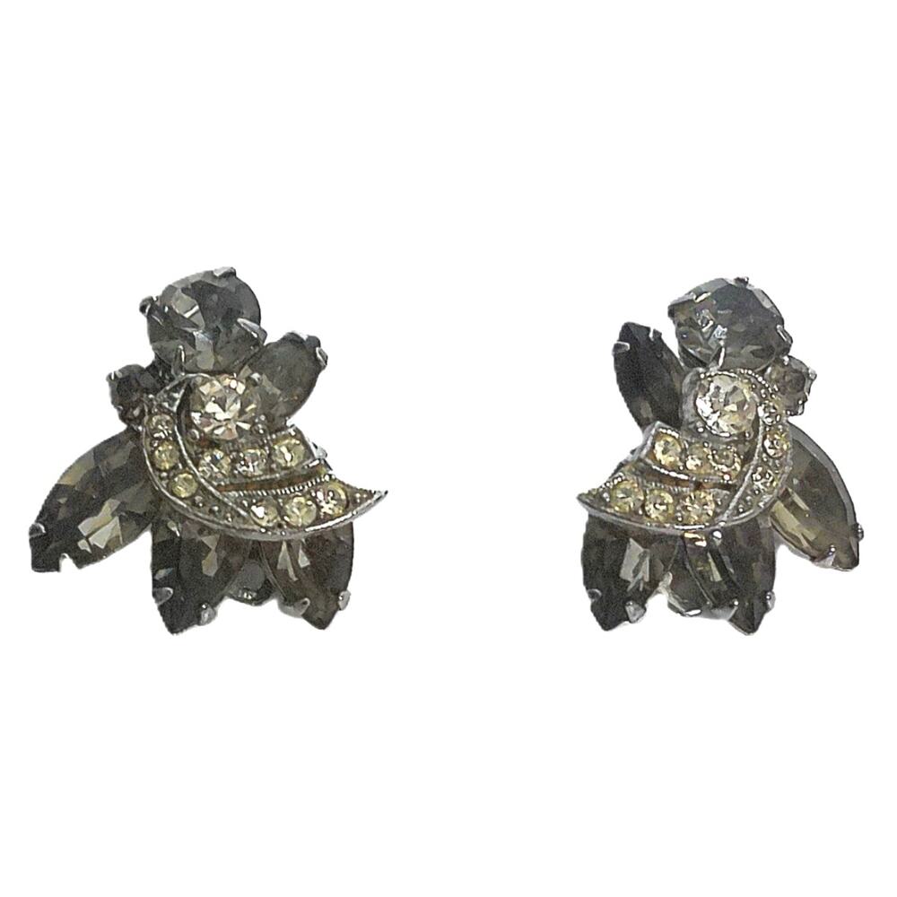 Vintage Weiss Smoky Gray Rhinestone Clip On Earrings Cluster Silver Tone Signed
